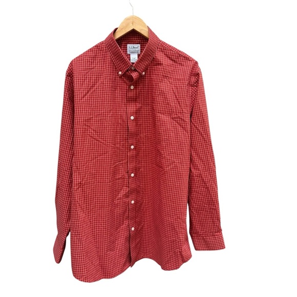 L.L. Bean Men’s L Red Check Button Down Shirt Long Sleeve Preppy Classic Casual - Picture 3 of 10